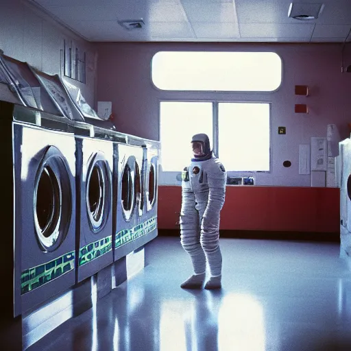 Image similar to a beautiful photo of an astronaut waiting in a laundromat, 1970', soft light, morning light, photorealistic, realistic, octane, 8k, cinematic shot