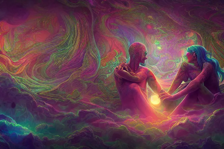 Image similar to a psychedelic realm at the edge of existence where intensely creative astral beings live, the astral beings are holding each other to share love, in the style of wlop, illustration, epic, fantasy, hyper detailed, smooth, unreal engine, sharp focus, ray tracing