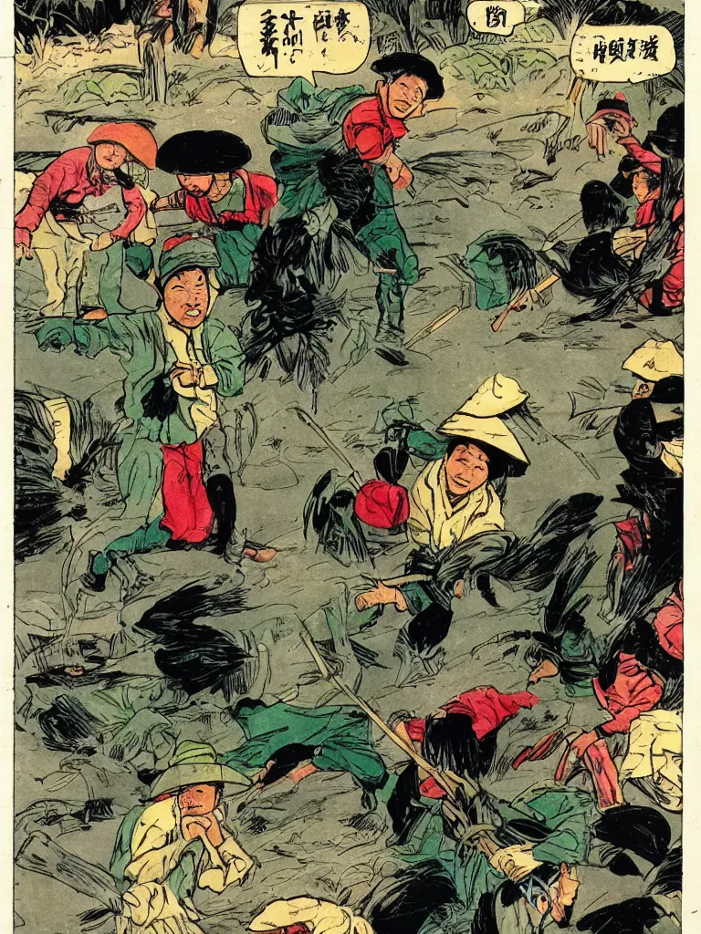 Image similar to comic book page of a chinese farmer with a rice hat, marvel