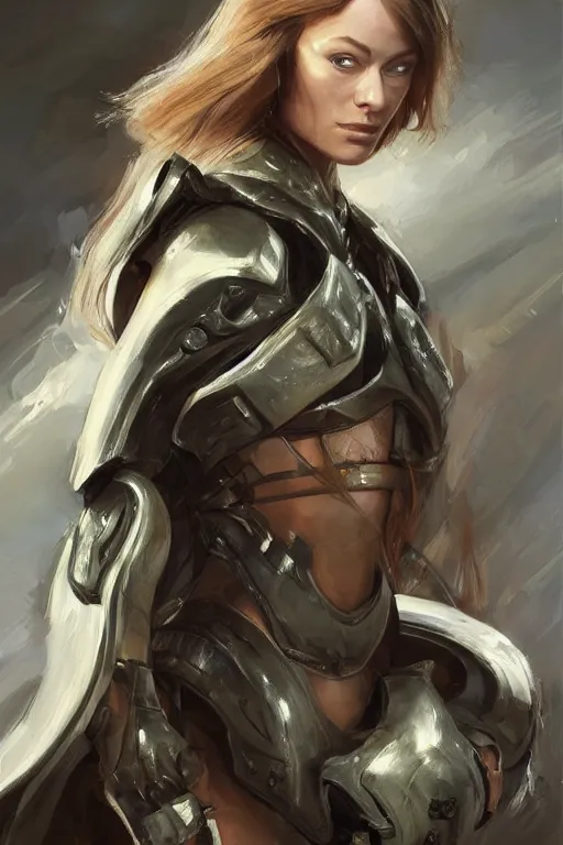 Image similar to a professional painting of a young Olivia Wilde, clothes in military armor, olive skin, long dark hair, beautiful bone structure, symmetrical facial features, intricate, elegant, digital painting, concept art, smooth, sharp focus, illustration, from StarCraft by Ruan Jia and Mandy Jurgens and Artgerm and William-Adolphe Bouguerea