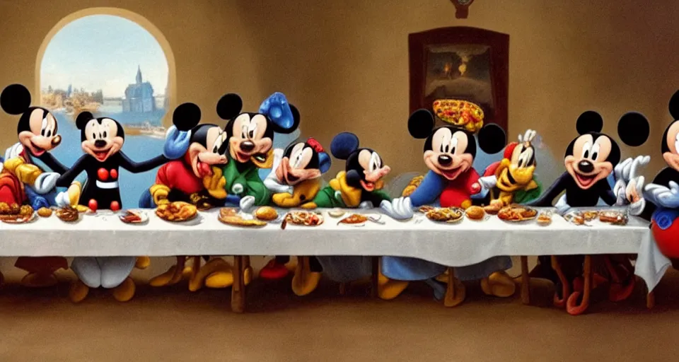 Image similar to mickey mouse at the last supper