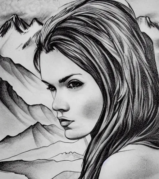 Image similar to tattoo design sketch of a beautiful woman face against a background of beautiful mountains and nature, hyper - realistic, in the style of den yakovlev, amazing detail, black and white