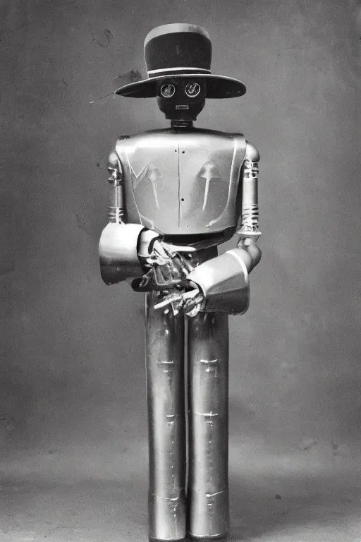 Prompt: silver gelatin photo of a robot dressed as a southern gentleman 1 8 5 0 s