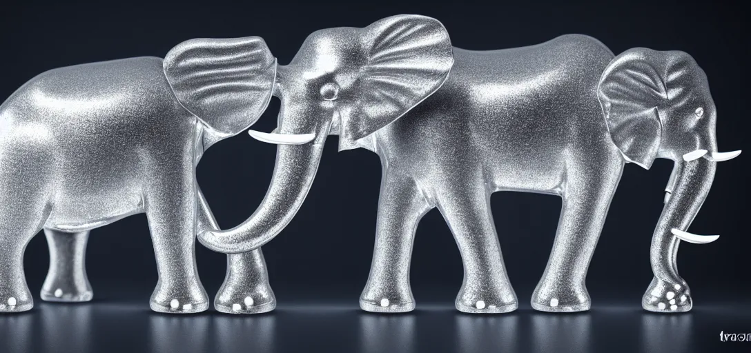 Image similar to a wide shot of transparent silver handcrafted elephant, electric lights inside the elephant, jewelry lighting, studio lighting, dark background, photorealistic, octane render, unreal engine