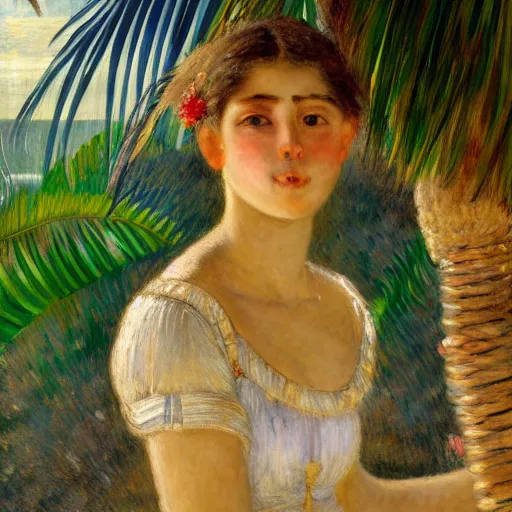 Image similar to a ultradetailed beautiful painting of a girl in the amazonas palace designed by jules bastien - lepage, hans belmer, frank weston and gustave baumann, beach, trending on artstation, mediterranean, palm trees, light sparkles, sharp focus, soft light, 8 k 4 k