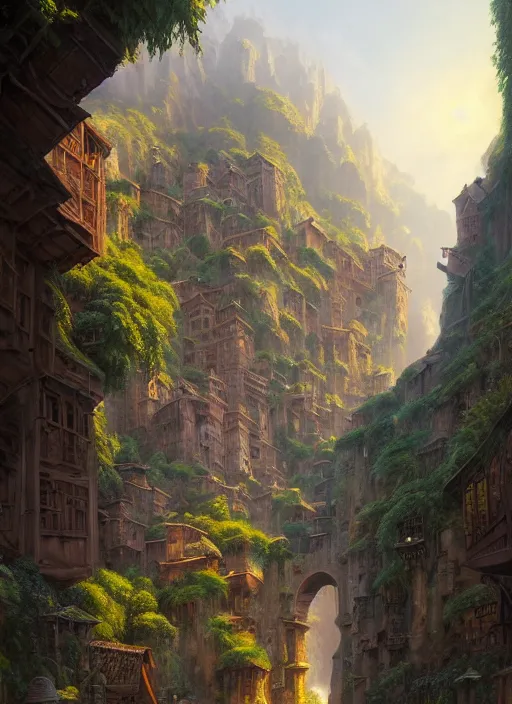 Prompt: medieval city built on terraces in a gigantic canyon, lots of buildings connected by bridges, waterfalls, warm glow coming the ground, lush vegetation, pitchblack sky, extremly detailed digital painting, in the style andreas rocha and greg rutkowski and peter mohrbacher, rim light, beautiful lighting, 8 k, stunning scene, octane, trending on artstation