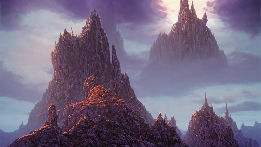 Image similar to A floating island on a giant pointy gray rock above the white puffy clouds at golden hour, and an Evil Castle at the top. Dark Purple Magic emanates, like tendrils from the castle. Epic fantasy scene. Beautiful painting by Michael Whelan, Tyler Edlin, JRR Tolkien.