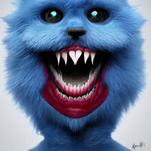 Image similar to a blue furry creature with large red lips, sharp teeth, 4 k photorealistic quality, trending on cgsociety, horror art, eerie art style