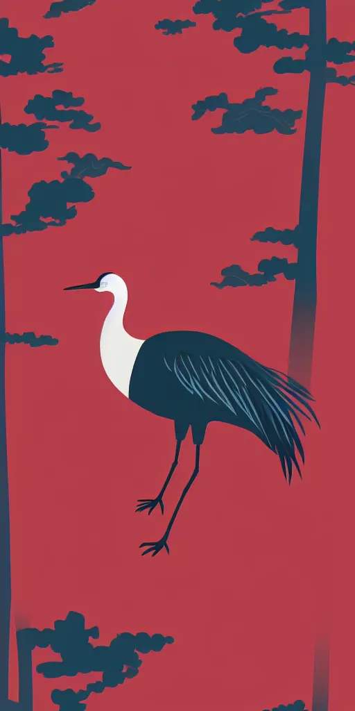 Prompt: a portrait of japanese crane walking on the ground of a forest of japanese pines, a big red sun in the background, logo design, fresh modern style, responsive, front card design, thick vector line art, trending on behance, stunning