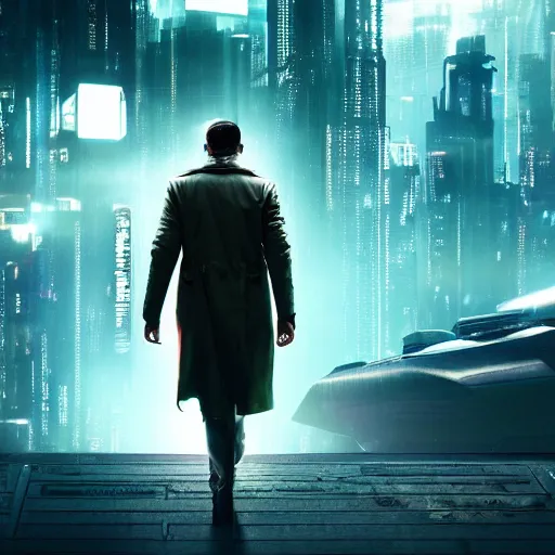 Prompt: Movie poster, cyberpunk, futuristic, technology, detective in trench coat looking away from the camera, cinematic lighting, depth of field, highly detailed