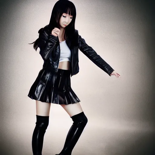 Prompt: a dynamic, epic cinematic 8K HD movie shot of a japanese young J-Pop idol girl wearing leather jacket, miniskirt, nylon tights and high heels boots. Motion, VFX, Inspirational arthouse