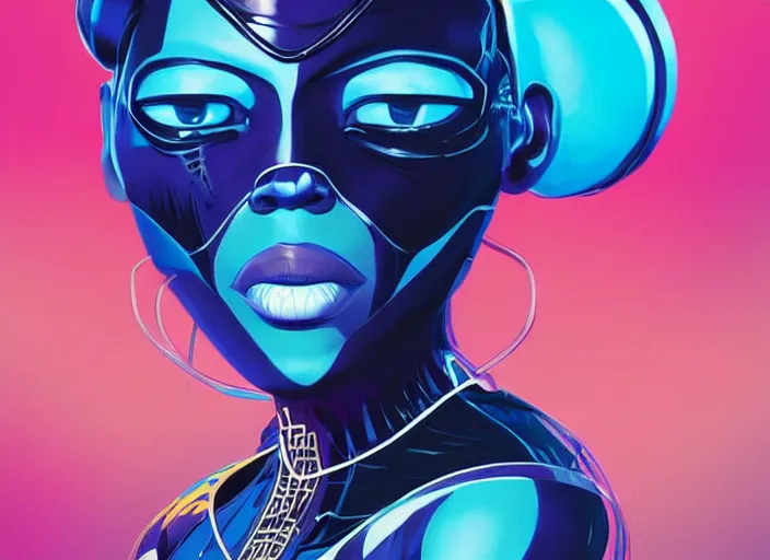 Image similar to a black woman with blue hair wearing a futuristic outfit by kilian eng, trending on behance, afrofuturism, futuristic, airbrush art, future tech