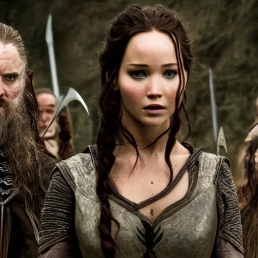 Image similar to first photos of 2 0 2 4 female lotr remake show 3 starts - jennifer lawrence as aragorn, megan fox as aragorn and florence pugh as gimli, ( eos 5 ds r, iso 1 0 0, f / 8, 1 / 1 2 5, 8 4 mm, postprocessed, 4 k )