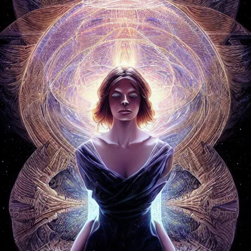 Prompt: beautiful portrait of gorgeous contentment and intelligence, spatial deformation in latent space, math art, astral plane, key light, by artgerm and dan mumford and gustave dore