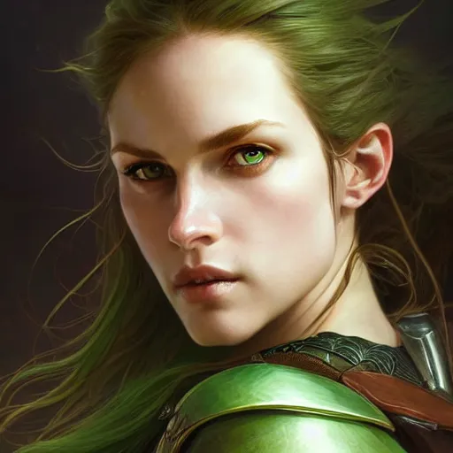 Image similar to Portrait of serious female ranger, D&D, green eyes, face, long red hair, fantasy, intricate, elegant, highly detailed, digital painting, artstation, concept art, smooth, sharp focus, illustration, art by artgerm and greg rutkowski and alphonse mucha