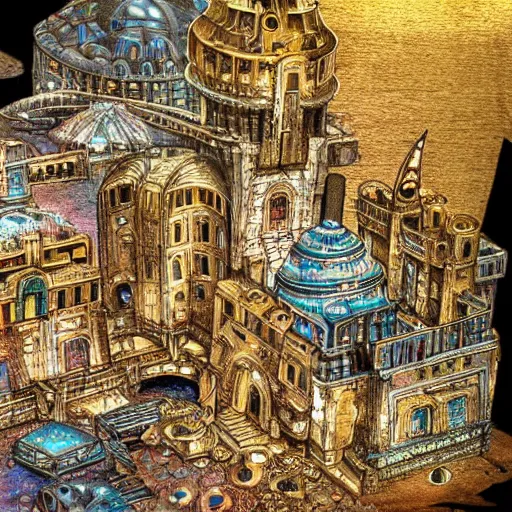 Prompt: colossal steampunk city made of iridescent beetle carapace, ancient middle eastern architecture