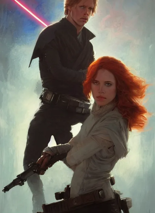 Image similar to mara jade skywalker and luke skywalker ultra detailed, deep focus, intricate painting by greg rutkowski, magali villeneuve and claude monet, trending on artstation