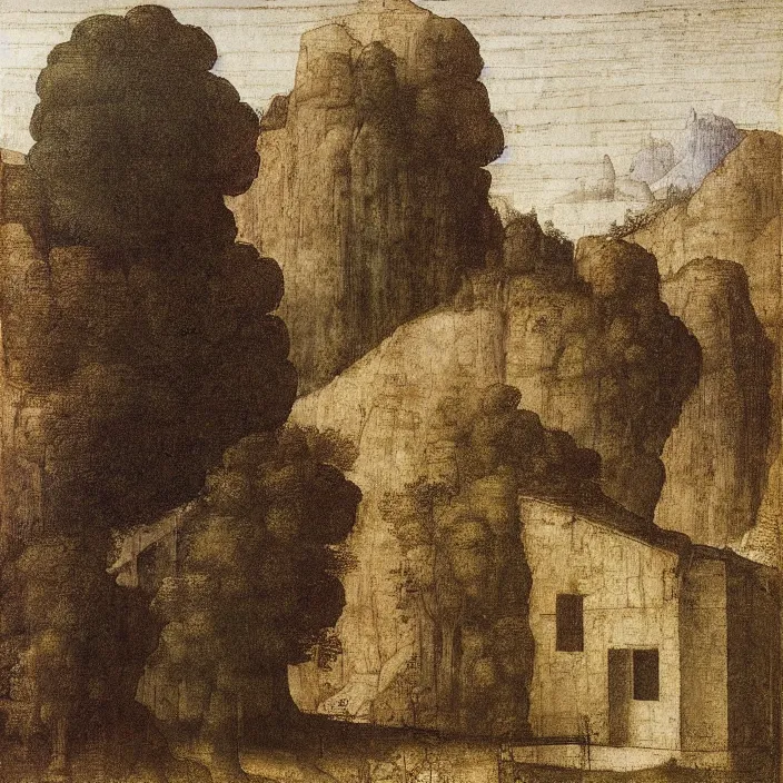 Image similar to a building in a serene landscape, by leonardo da vinci