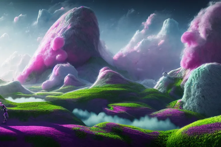 Image similar to a psychedelic realm with rolling plains made out of clouds, mountains made out of icebergs, and plant life made out of cotton candy, in the style of wlop and namek, illustration, epic, fantasy, hyper detailed, smooth, unreal engine, sharp focus, ray tracing