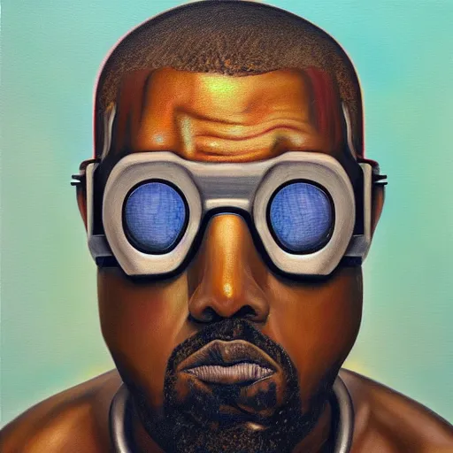 Image similar to a realistic oil painting of a cybernetic kanye west cyborg, surrealism portrait, post apocalyptic album cover