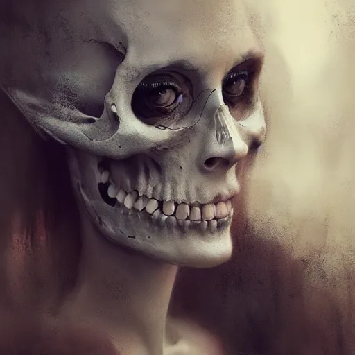 Prompt: an portrait of an woman with a skull face, Matte painting , detailed painting, made by Greg Rutkowski, 4k, atmospheric