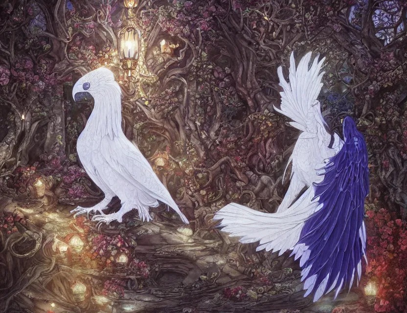 Prompt: faerie albino raven in the palace courtyard. this oil painting by the award - winning mangaka has a beautiful composition, great sense of depth, dramatic lighting and intricate details.