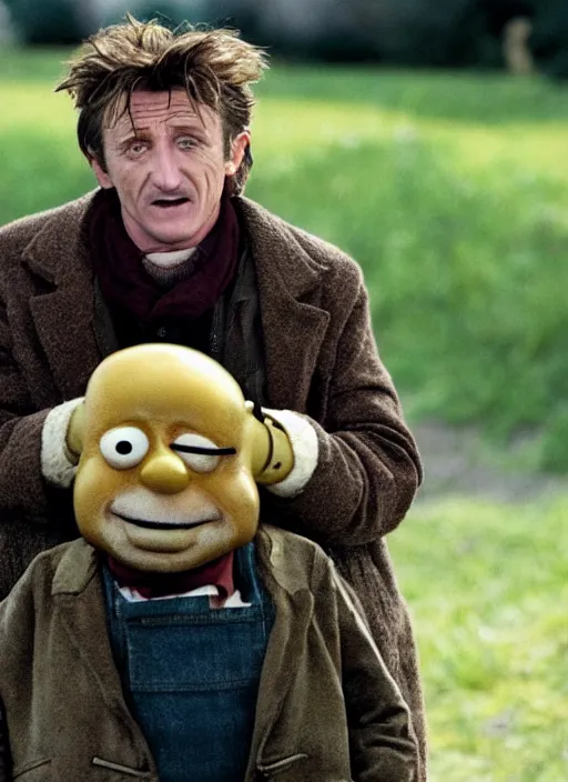 Image similar to film still of Sean Penn as Homer Simpson in Nanny McPhee, 4k