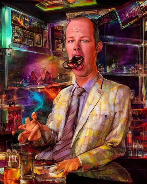 Prompt: hyper realistic doug stanhope in a strip club after eating 3 mg of lsd dof hdr art by aleksi briclot and alexander'hollllow'fedosav and laura zalenga