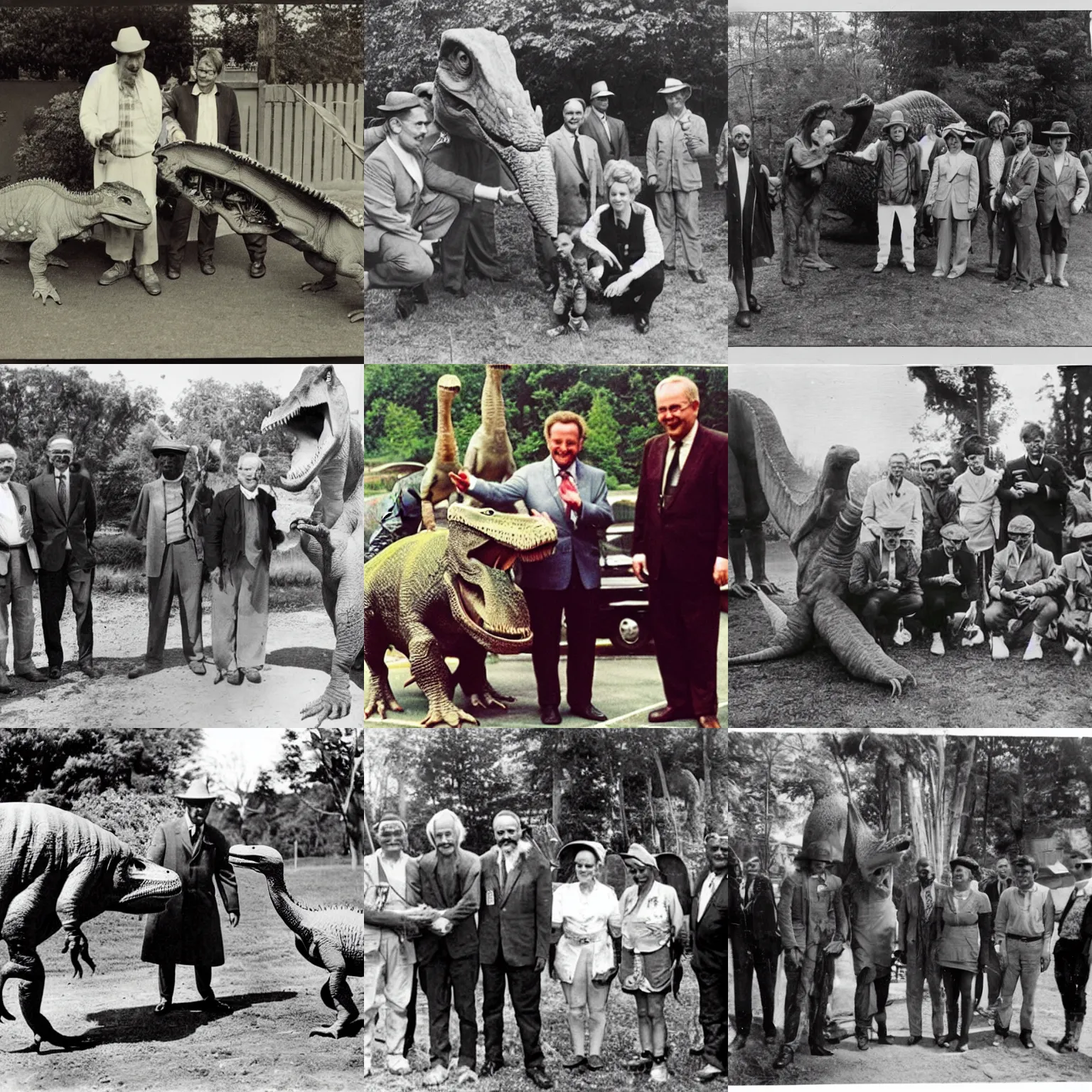 Prompt: Ambassadors for Peace Treaty with Dinosaurs; Historical Photos