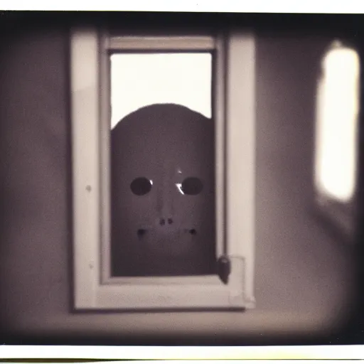 Image similar to dark room with a face peering through the window, distuburbing, horror, nightmare, terrifying, surreal, nightmare fuel, old polaroid, blurry, expired film, lost footage, found footage,