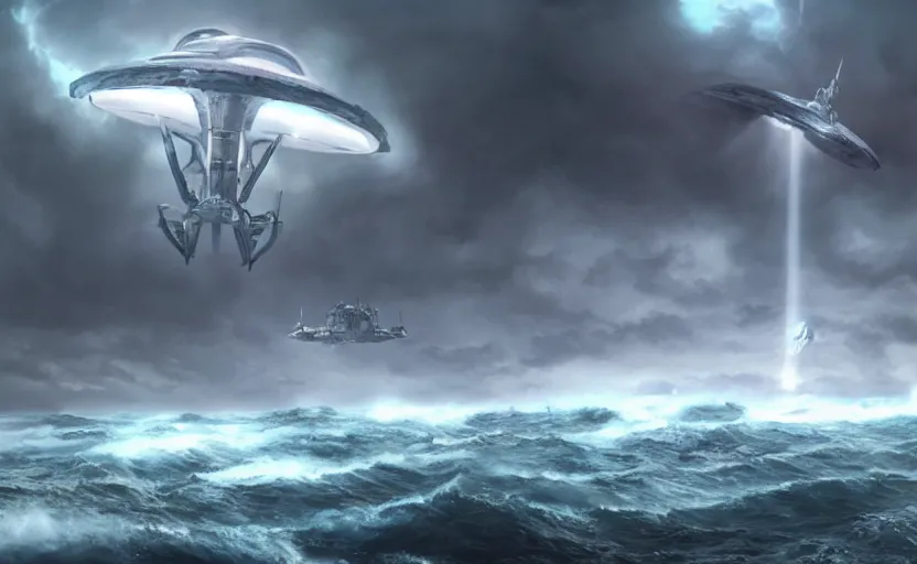 Prompt: an alien ship flies high above a stormy ocean, sci-fi concept art, unreal engine 3d