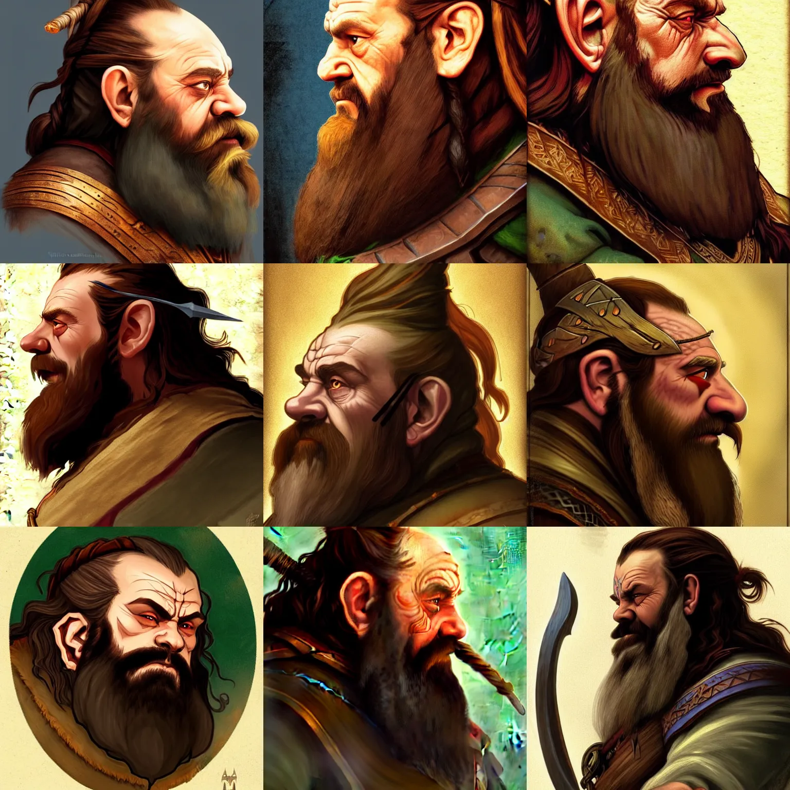 Prompt: side profile centered painted portrait, Gimli from Lord of the Rings as a dwarf warrior, D&D, cell-shaded, matte painting concept art, bright backlit, official fanart, 4k, Pinterest, by Alphonse Mucha - H 704