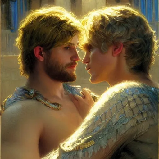 Image similar to attractive male, arthur pendragon who has blond hair confesses his love to attractive male, merlin who has dark hair. highly detailed painting by gaston bussiere, craig mullins, j. c. leyendecker 8 k