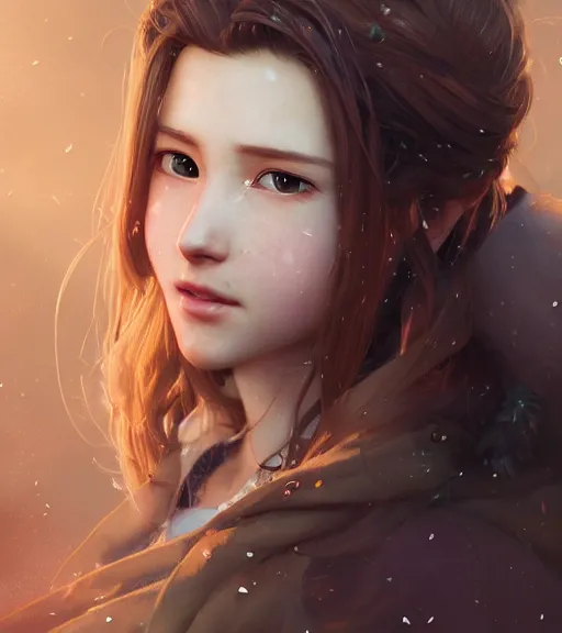 Image similar to beautiful aerith gainsborough, face centered portrait, cottagecore, confident, fog, rain, volumetric lighting, soft light particles floating near her, rim light, beautiful, golden hour, sharp focus, ultra detailed, cgsociety by krenz cushart and wenjun lin