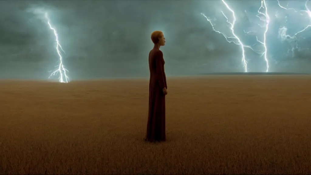 Image similar to lightning in a bottle, film still from the movie directed by denis villeneuve and david cronenberg with art direction by salvador dali and zdzisław beksinski, wide lens