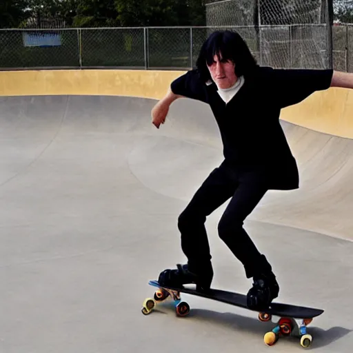 Prompt: Severus Snape rollerblading at the skate park