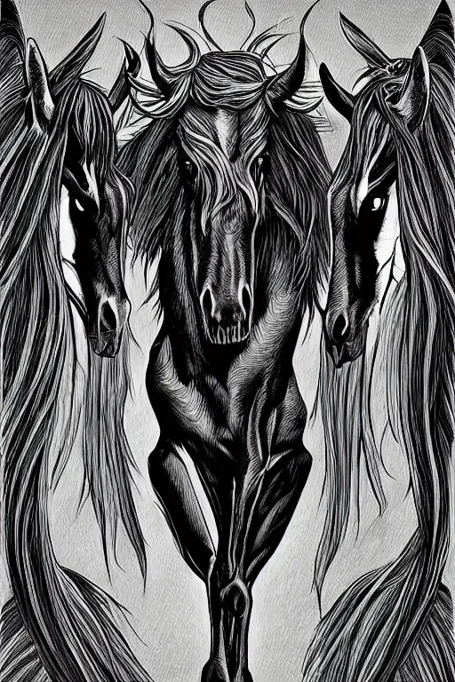 Image similar to evil horse, symmetrical, highly detailed, digital art, sharp focus, trending on art station, kentaro miura manga art style