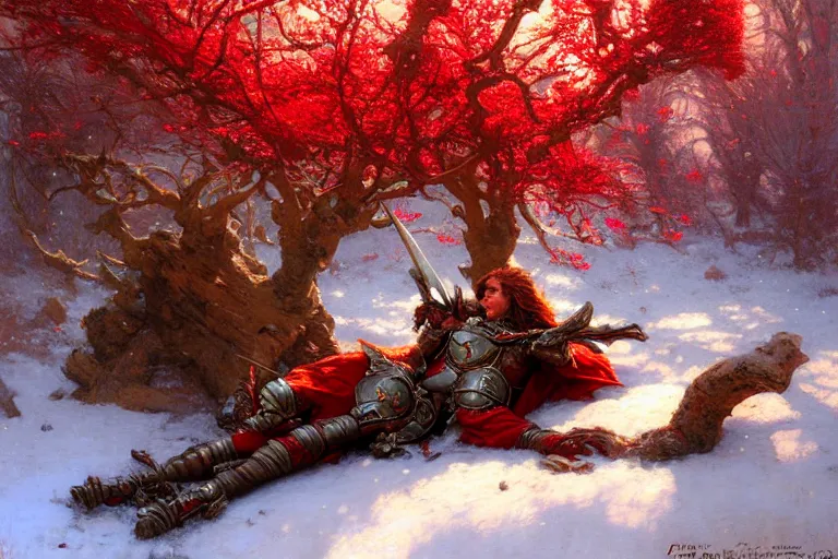 Image similar to winter, a male warrior wearing armor relaxing under a world tree with red flowers, ground covered with snow, extreme long shot, fantasy, painting by gaston bussiere, craig mullins, j. c. leyendecker, trending on artstation