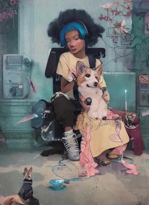 Prompt: beautiful fantasy painting of a Hiphop Lofi princess and corgi chilling to music, by Kenne Gregoire, James Jean, Tran Nguyen, WLOP, Jakub Rebelka. trending on Artstation, 8k, masterpiece, face enhance, graffiti paint, fine detail, full of color, intricate detail, golden ratio illustration