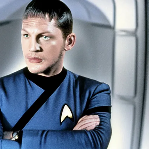 Prompt: a still from the startrek tng series featuring captain Tom Hardy