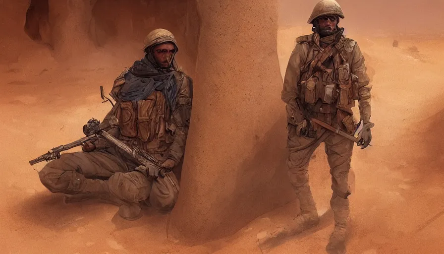 Image similar to beautiful digital painting of a soldier in a trench waiting for the war to end, in the sahara desert. cinematic lighting, atmospheric, emotions, concept art by greg rutkowski,