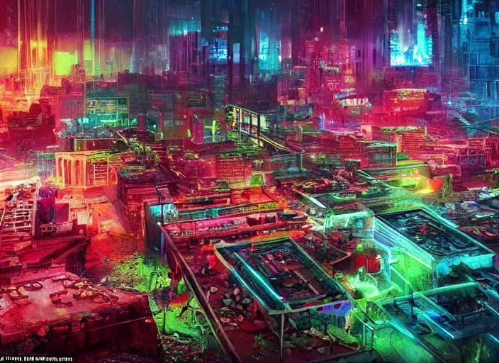 Image similar to an unbelievable dystopian scene, highly detailed, contrasting bright and colours with a hint of neon