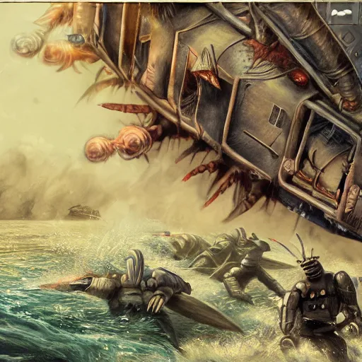 Image similar to archival footage of beach landing with monsters defending, cinematic trending on art station