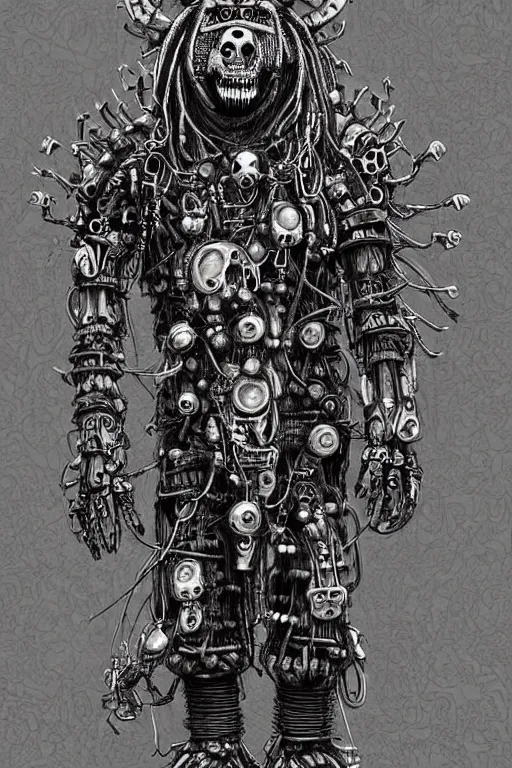 Image similar to wild monstorous anthropomorphic biomechanical bear shaman-warrior wearing chains made of tiny human skulls and other voodoo artifacts. Wearing dreadlocks made of cables and wires. Upgraded with hightech cyberwares. huge, big, giant bear human hybrid, mecha animal, tall, detailed woodcut armor, terrifying and dangerous, scary, beautiful, steampunk monster android hybrid art portrait, matte scifi fantasy painting, half robot half bear. Fullbody, Centered uncut. 50px margins on every side.. DeviantArt Artstation, by Jason Felix by Steve Argyle by Tyler Jacobson by Peter Mohrbacher, cinematic lighting