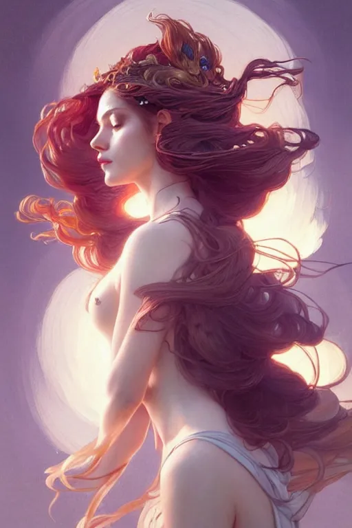 Image similar to 3 / 4 view of a portrait of woman with flowy hair, bird wings, confident pose, pixie, genshin impact, intricate, elegant, sharp focus, illustration, highly detailed, concept art, matte, trending on artstation, bright colors, art by wlop and artgerm and greg rutkowski, mucha, marvel comics