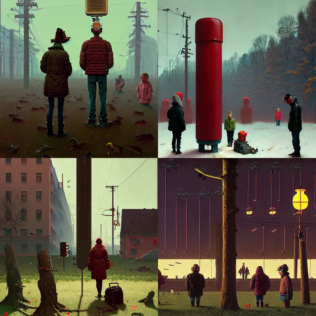 Prompt: a person being shunned by a crowd by simon stalenhag and norman rockwell