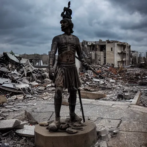 Prompt: statue of a warrior standing in the destroyed city, post apocalyptic scenery