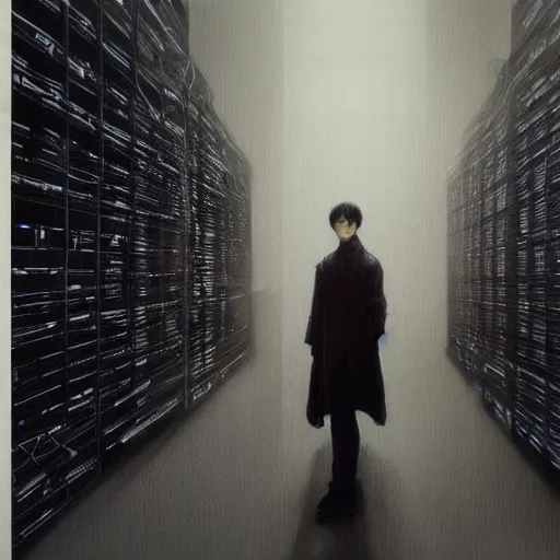 Image similar to portrait of lain iwakura connected to a room full of cables computers and displays by ruan jia and joao ruas. atmospheric