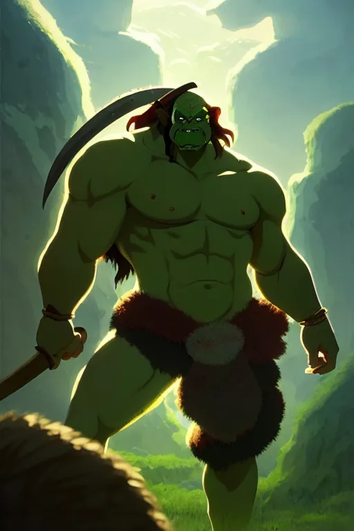 Image similar to orc barbarian male, green skin, exquisite details, big axe, earth magic, mid view, design on a white background, by studio muti, greg rutkowski makoto shinkai takashi takeuchi studio ghibli