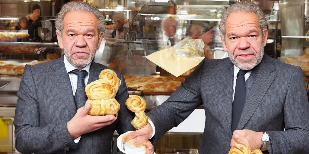 Image similar to alan sugar with really long arms holding some pastry pets. long arms. stretched limbs. pastry sheep, pastry lizard